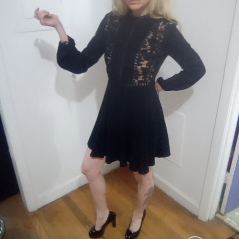 Gothic black high neck lace pattern flare dress flounce
